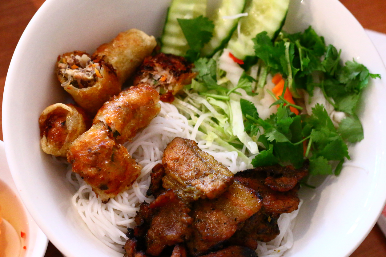 Grilled Pork and Egg Roll Vermicelli Bowl - Vietnamese Noodle Dish at Tu Do Deli Lake Worth Beach FL